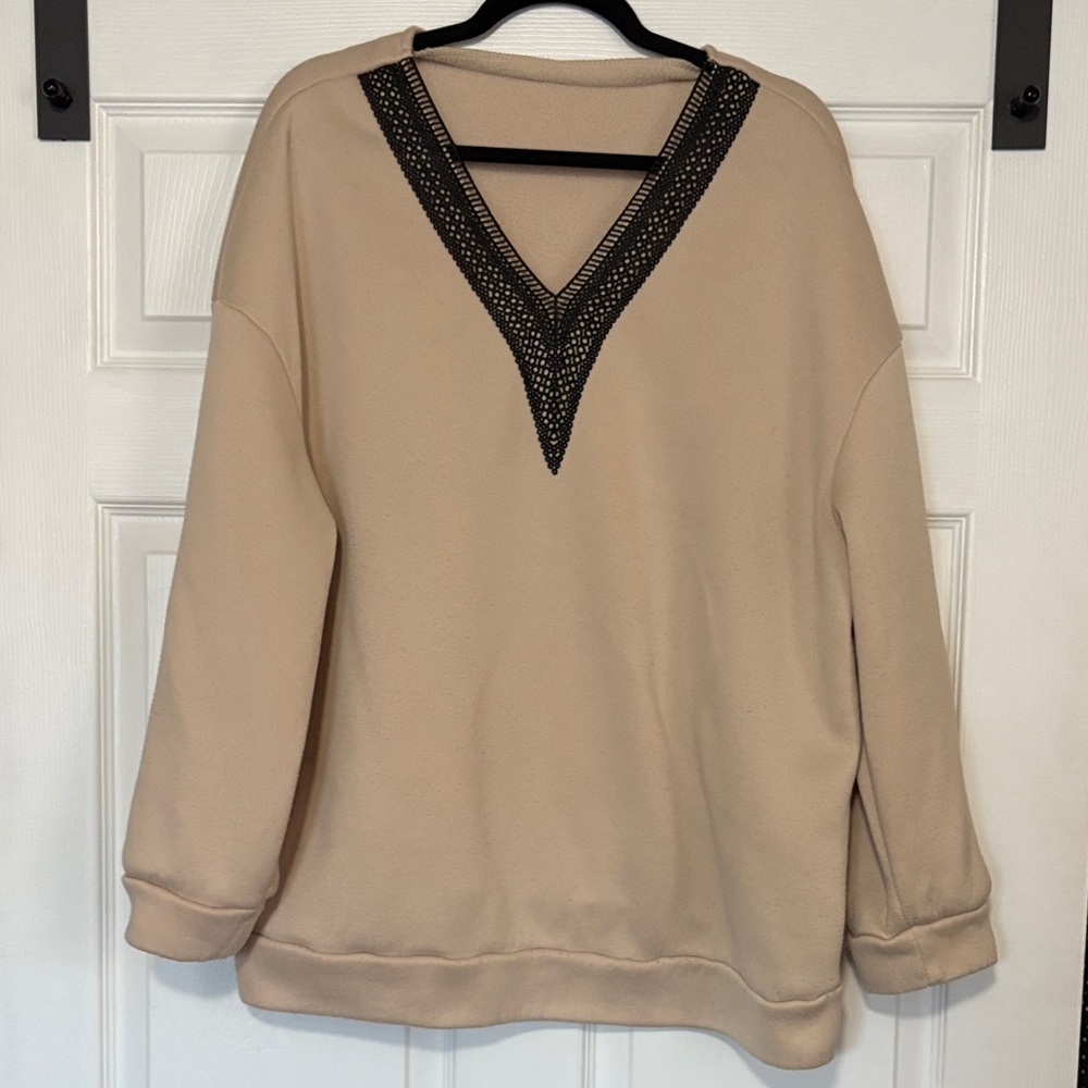 SHEIN Beige V-Neck Sweatshirt with Black Trim